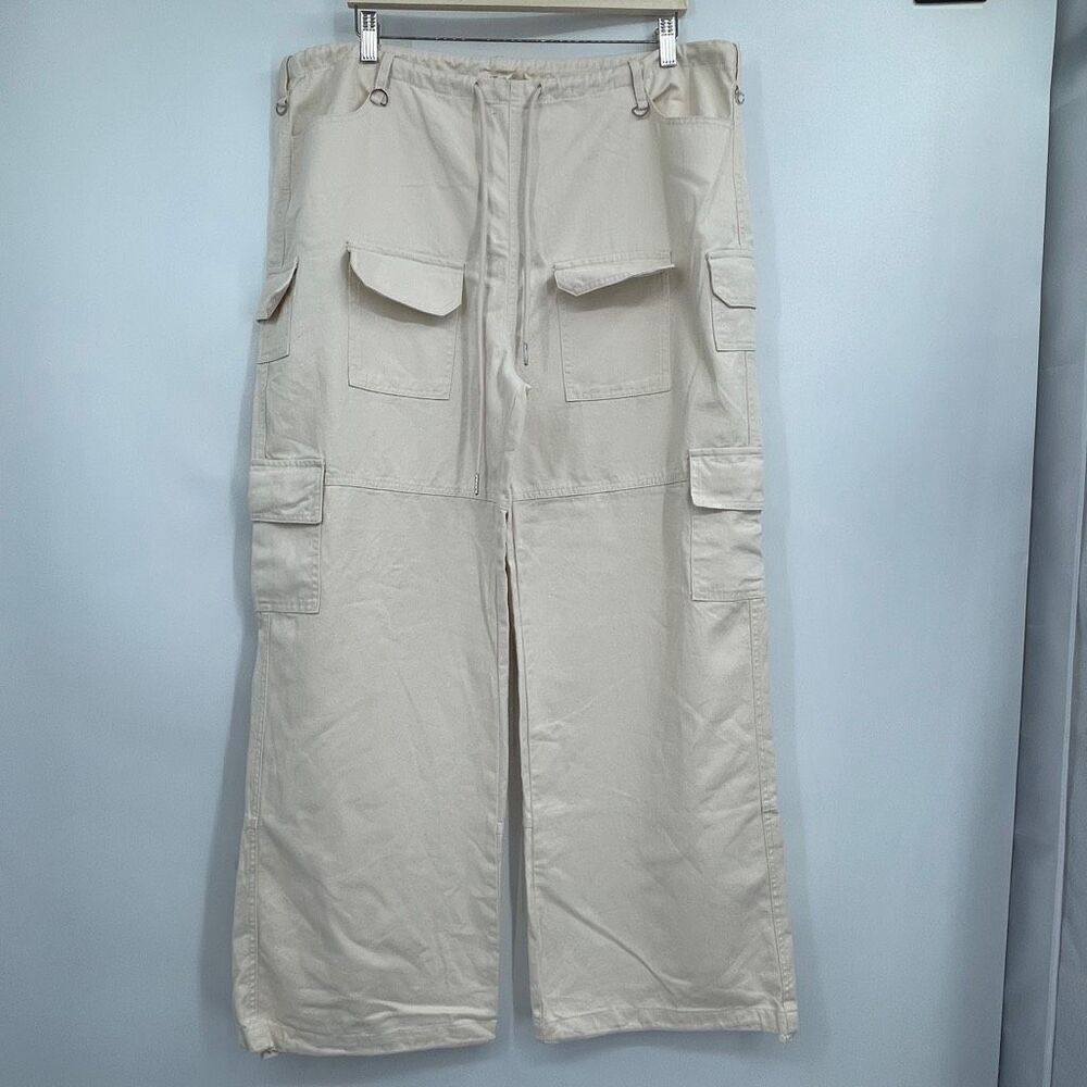 Et Clet Cream Straight Wide Leg High Waist Cotton Multi Pocket Cargo Pant Medium